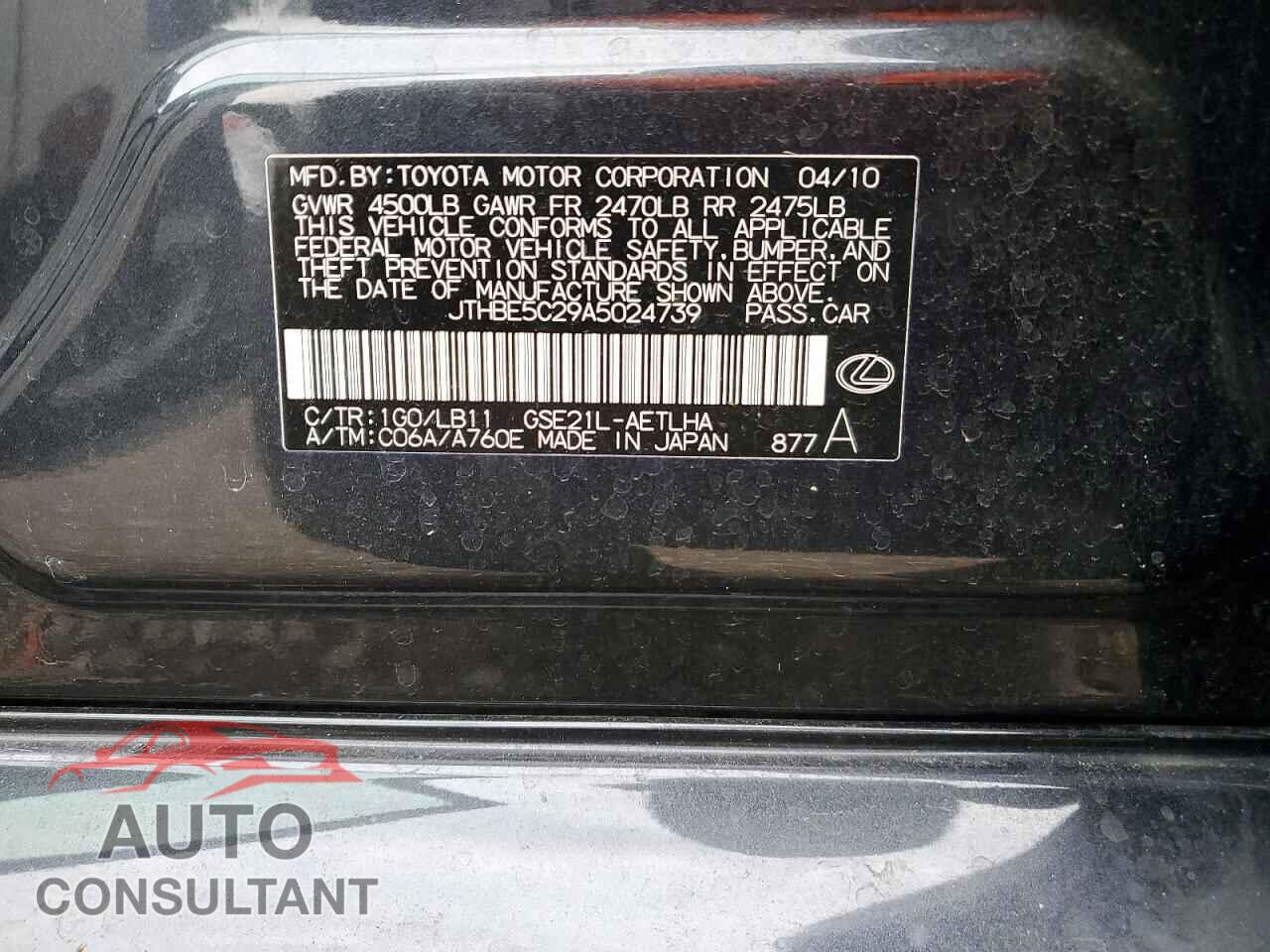 LEXUS IS 2010 - JTHBE5C29A5024739