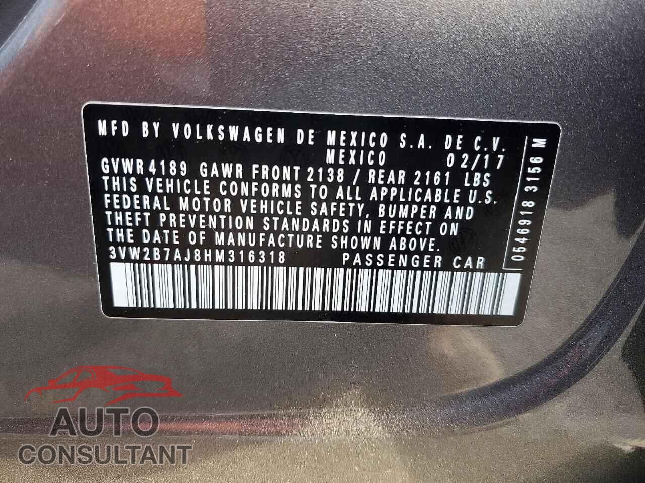 VOLKSWAGEN JETTA 2017 - 3VW2B7AJ8HM316318