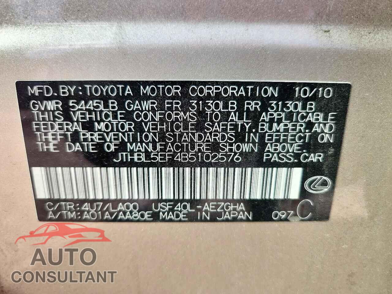 LEXUS LS460 2011 - JTHBL5EF4B5102576