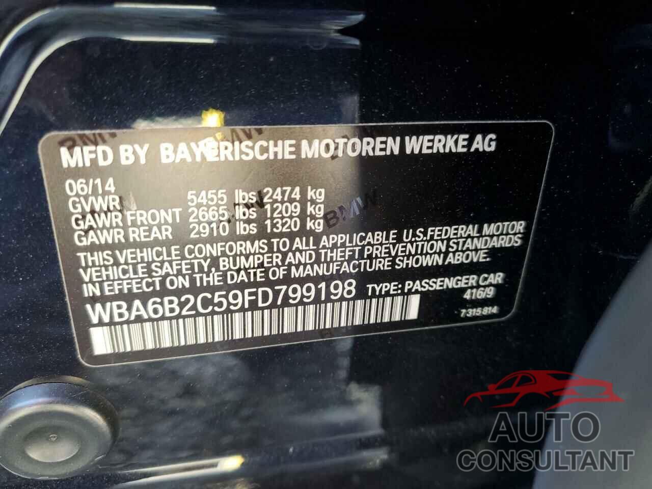 BMW 6 SERIES 2015 - WBA6B2C59FD799198