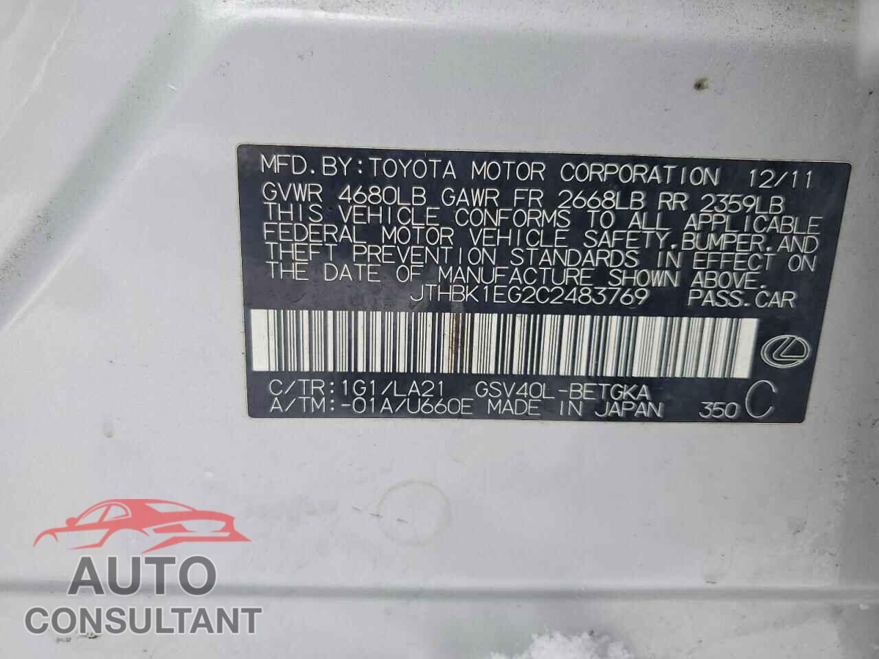 LEXUS ES350 2012 - JTHBK1EG2C2483769