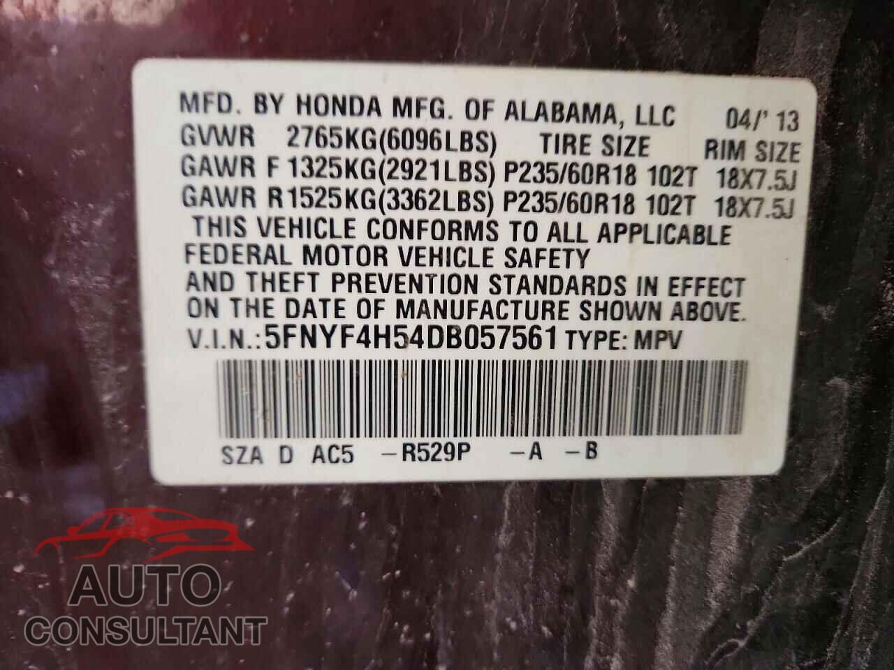 HONDA PILOT 2013 - 5FNYF4H54DB057561