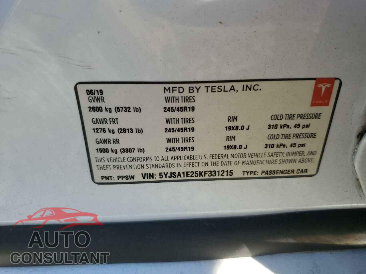 TESLA MODEL S 2019 - 5YJSA1E25KF331215