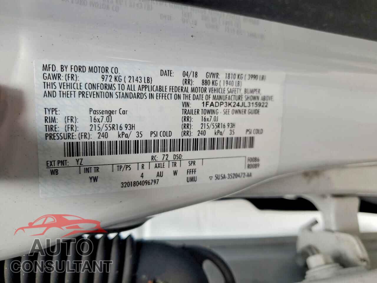 FORD FOCUS 2018 - 1FADP3K24JL315922
