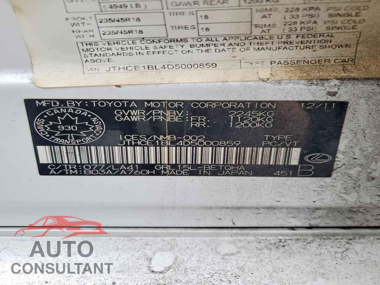 LEXUS GS 350 2013 - JTHCE1BL4D5000859