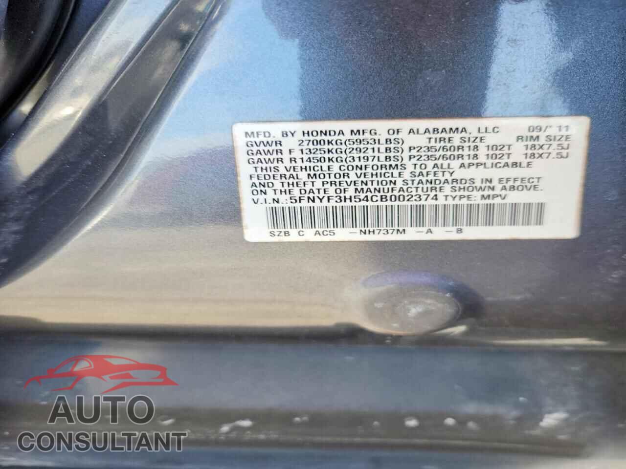 HONDA PILOT 2012 - 5FNYF3H54CB002374