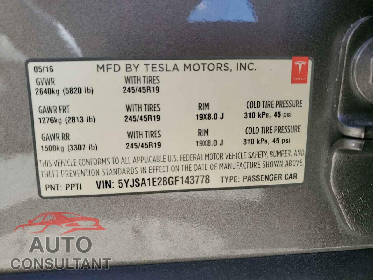 TESLA MODEL S 2016 - 5YJSA1E28GF143778