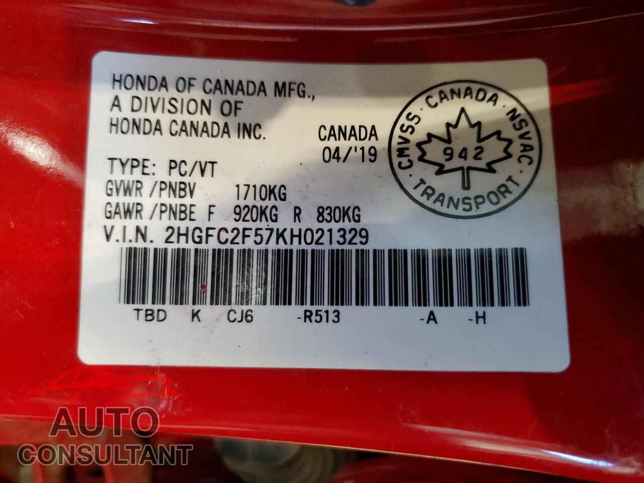 HONDA CIVIC 2019 - 2HGFC2F57KH021329
