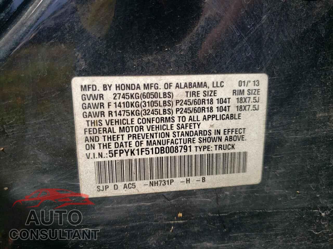 HONDA RIDGELINE 2013 - 5FPYK1F51DB008791