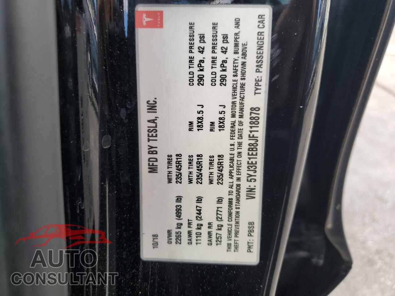 TESLA MODEL 3 2018 - 5YJ3E1EB8JF118878