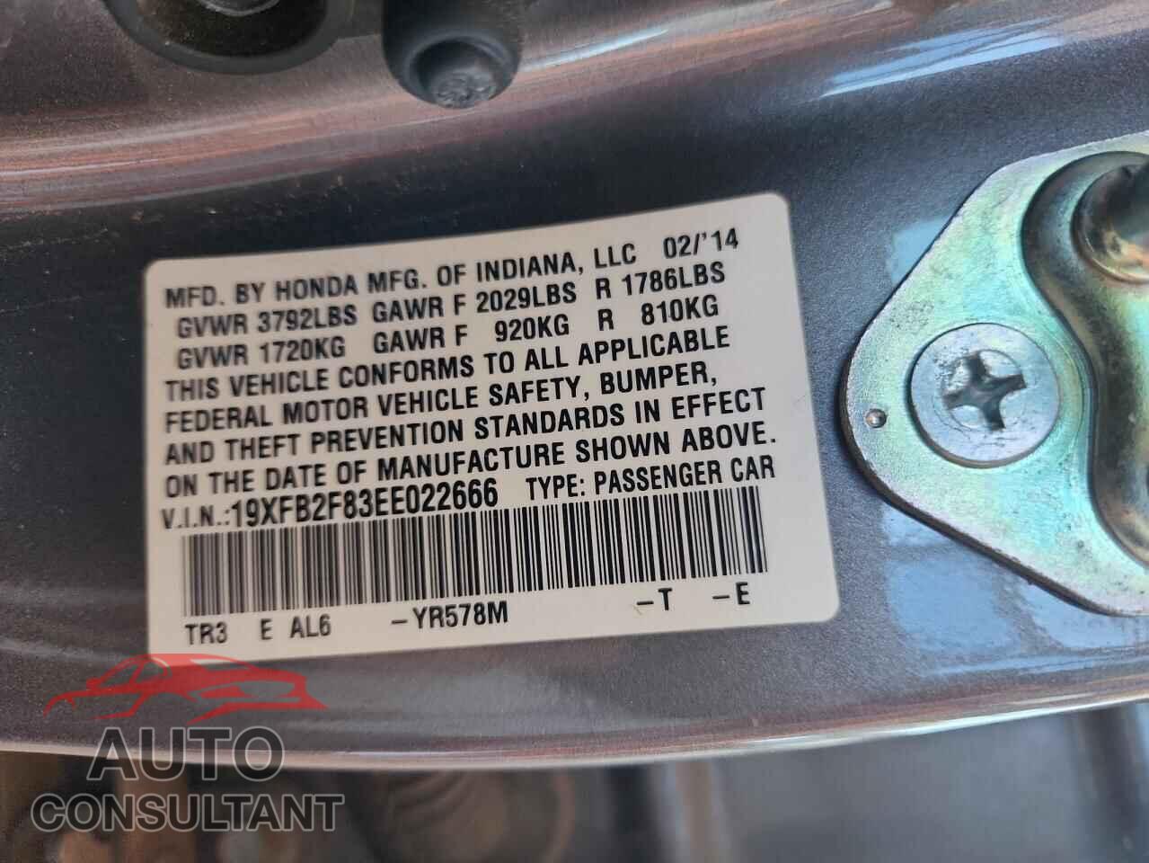 HONDA CIVIC 2014 - 19XFB2F83EE022666