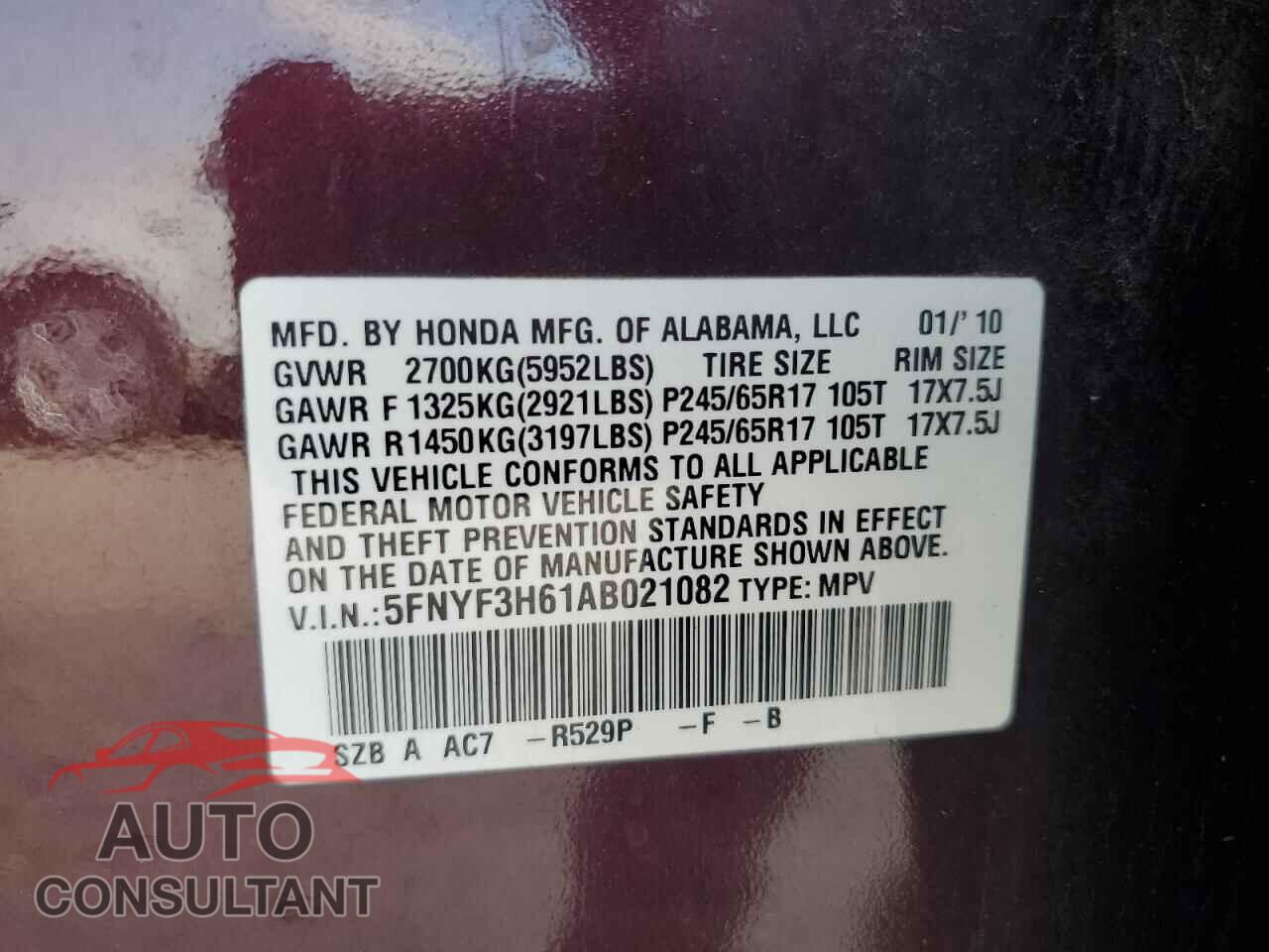 HONDA PILOT 2010 - 5FNYF3H61AB021082