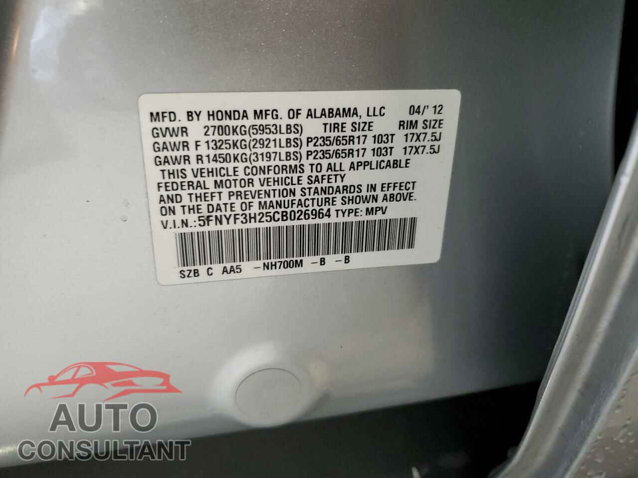 HONDA PILOT 2012 - 5FNYF3H25CB026964