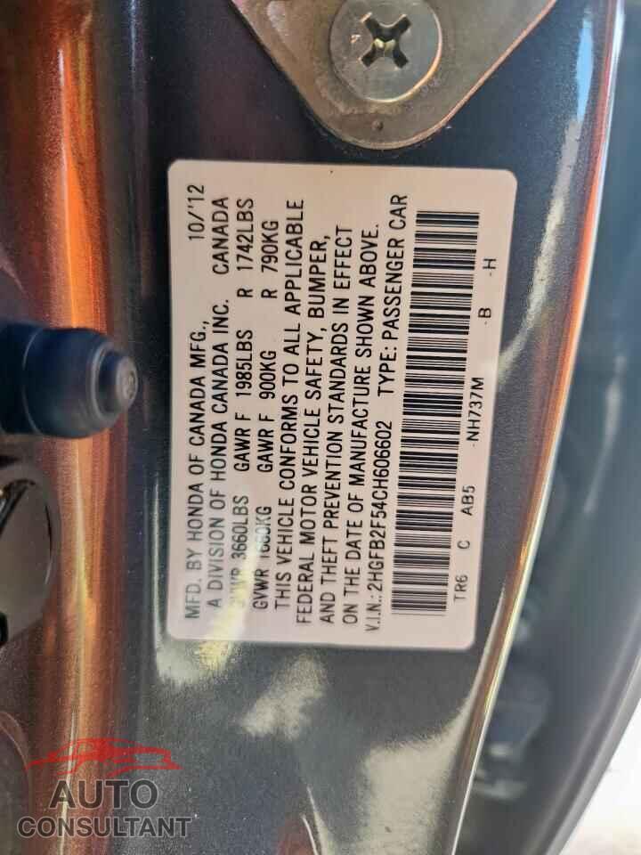 HONDA CIVIC 2012 - 2HGFB2F54CH606602