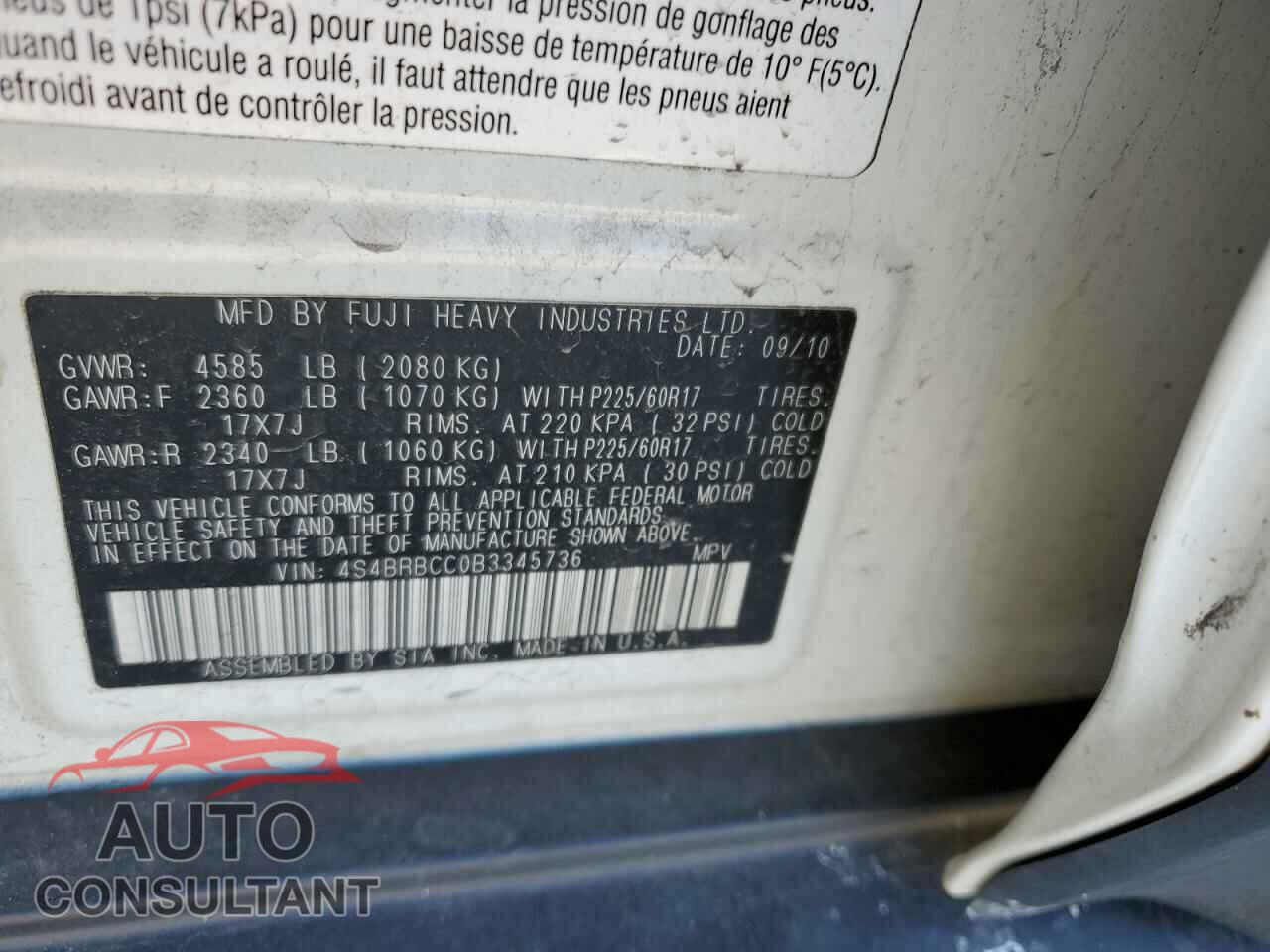 SUBARU OUTBACK 2011 - 4S4BRBCC0B3345736