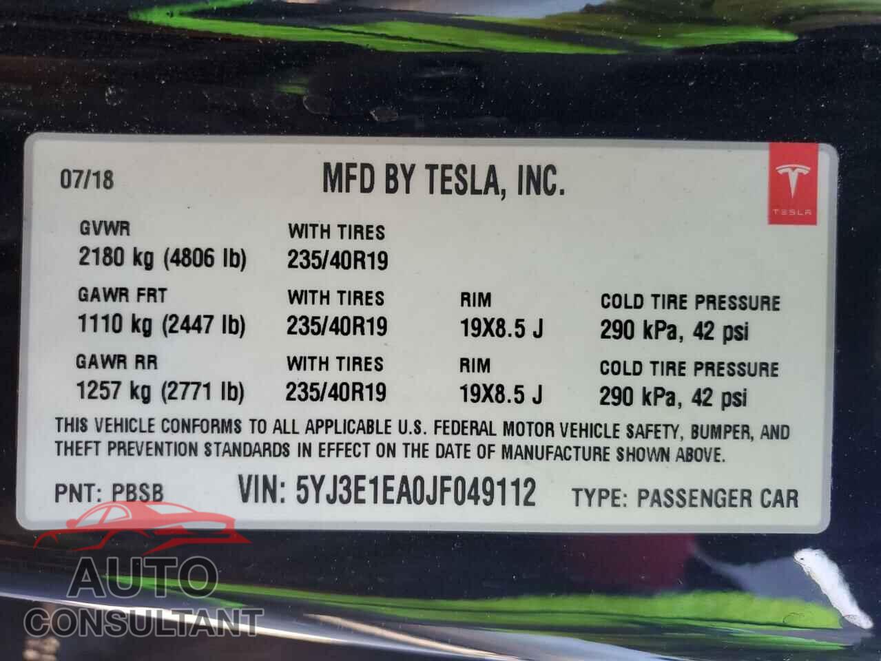 TESLA MODEL 3 2018 - 5YJ3E1EA0JF049112