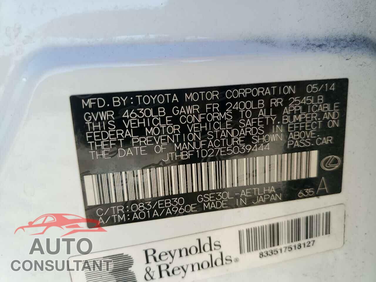 LEXUS IS 2014 - JTHBF1D27E5039444