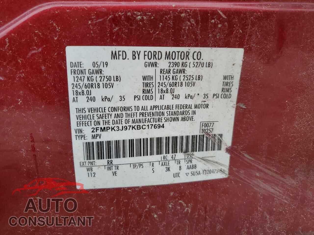 FORD EDGE 2019 - 2FMPK3J97KBC17694