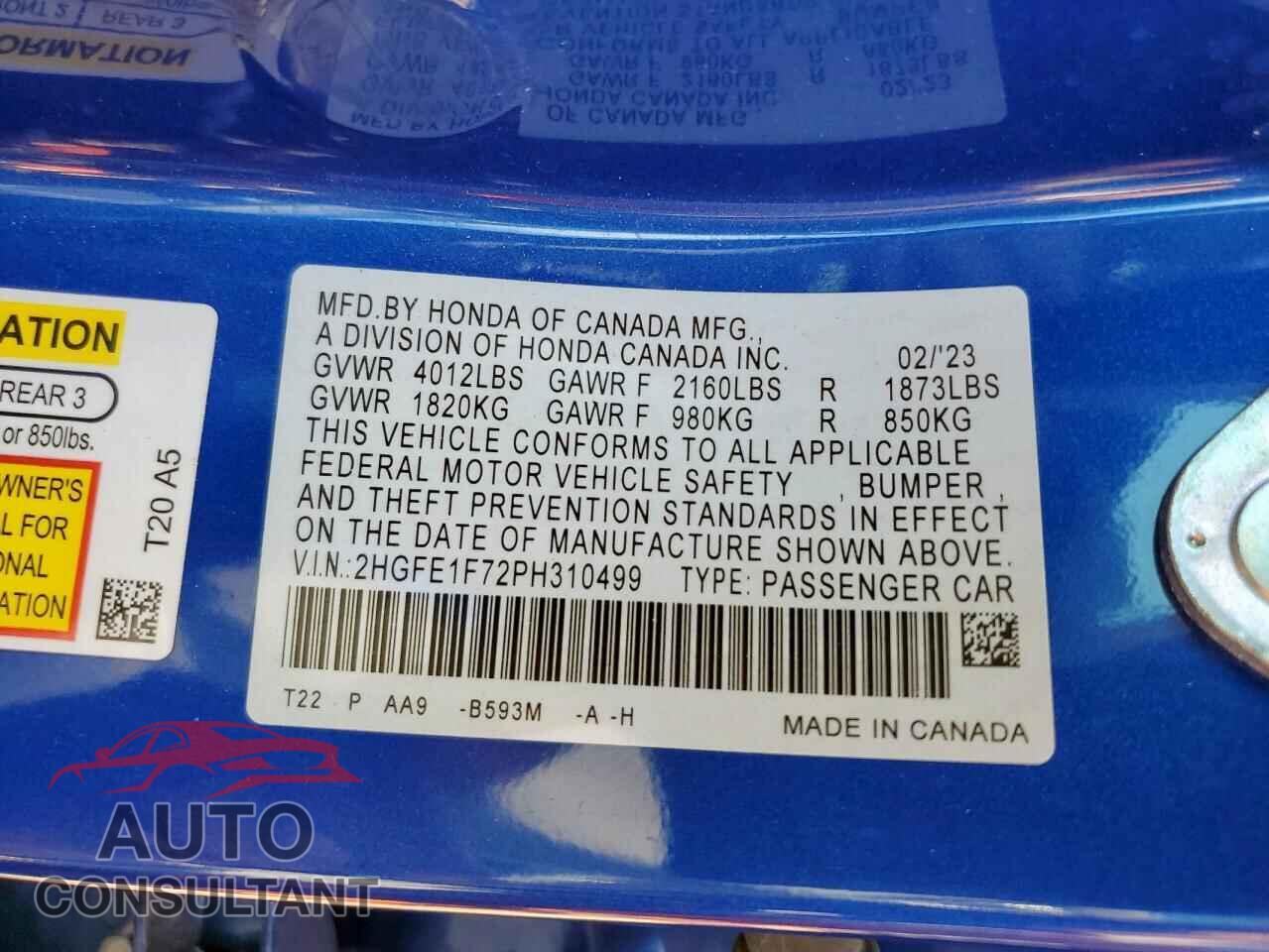 HONDA CIVIC 2023 - 2HGFE1F72PH310499