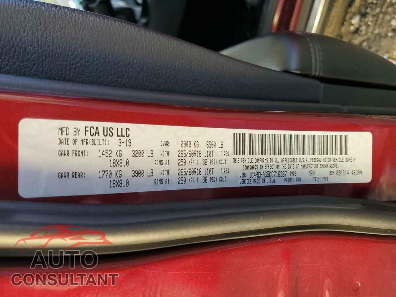 DODGE DURANGO 2019 - 1C4RDHAG5KC716397