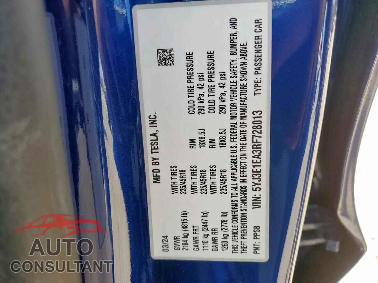 TESLA MODEL 3 2024 - 5YJ3E1EA3RF728013