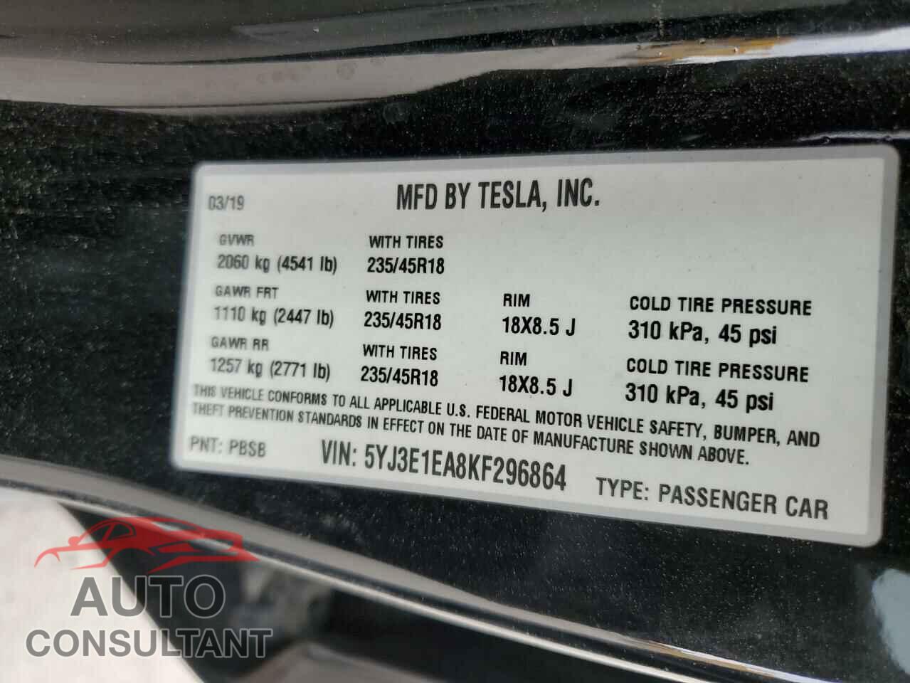 TESLA MODEL 3 2019 - 5YJ3E1EA8KF296864