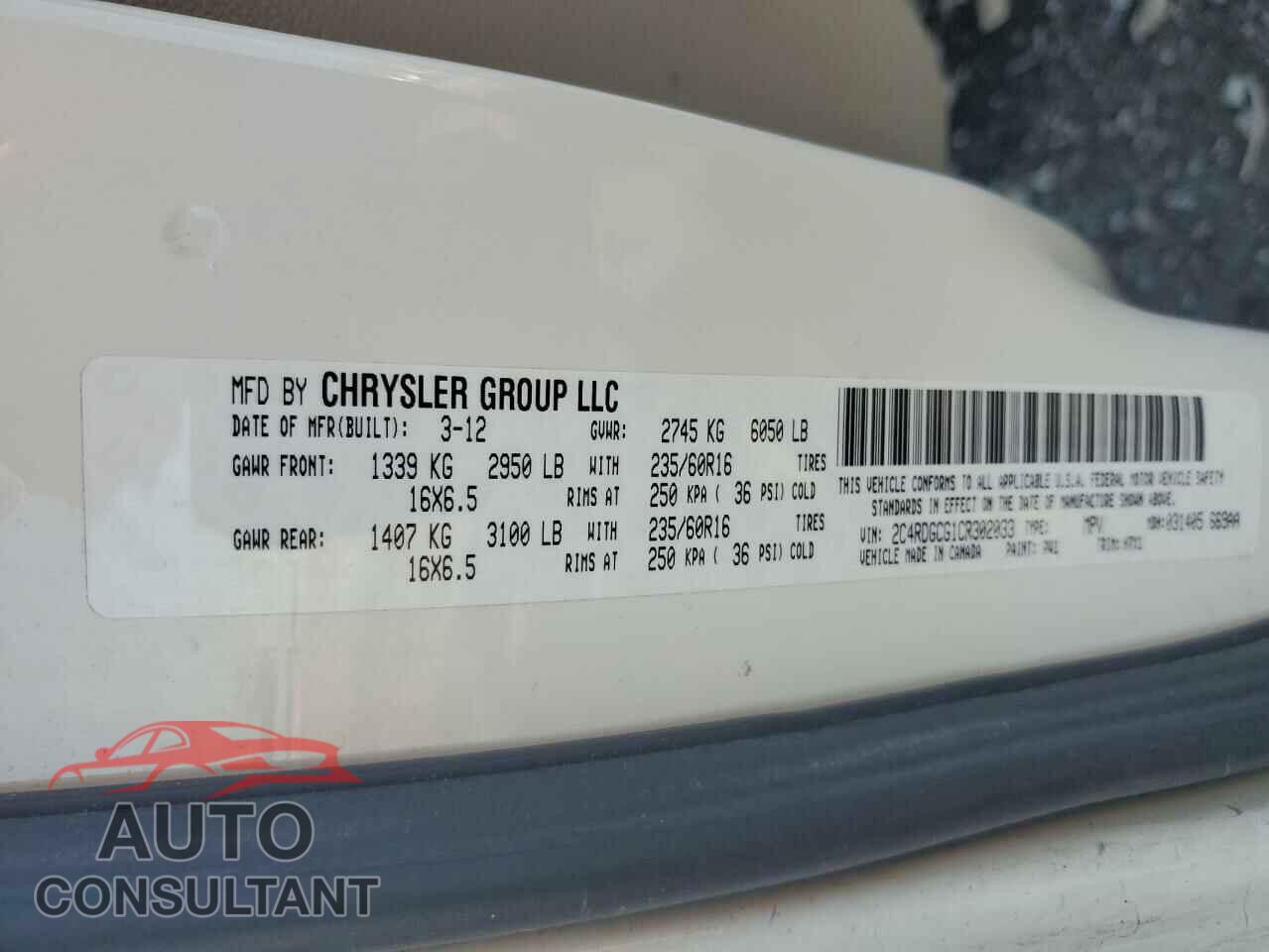 DODGE CARAVAN 2012 - 2C4RDGCG1CR302033