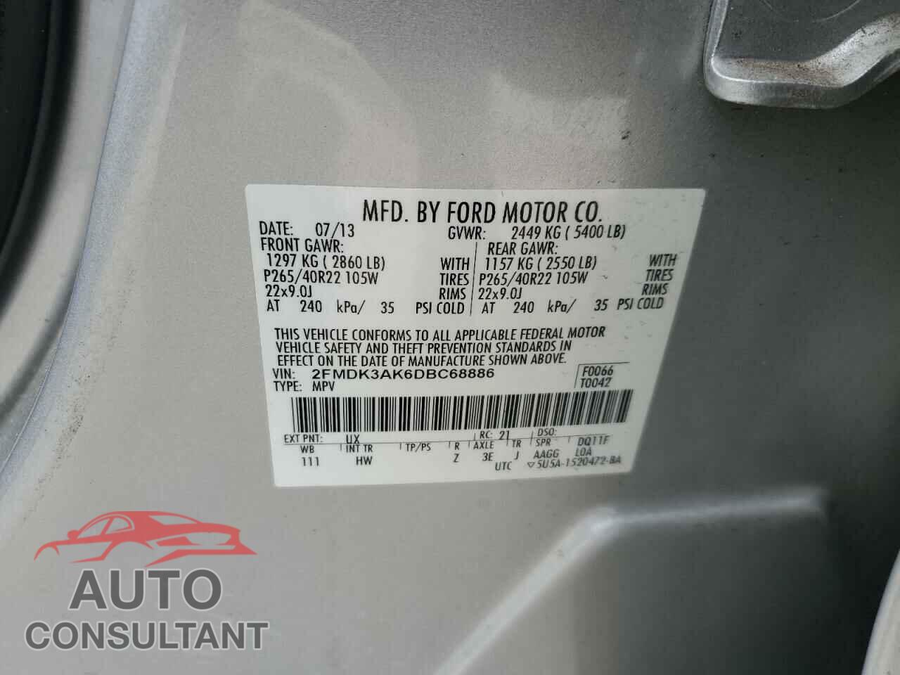 FORD EDGE 2013 - 2FMDK3AK6DBC68886