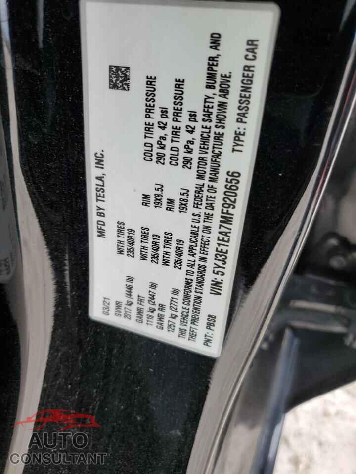 TESLA MODEL 3 2021 - 5YJ3E1EA7MF920656