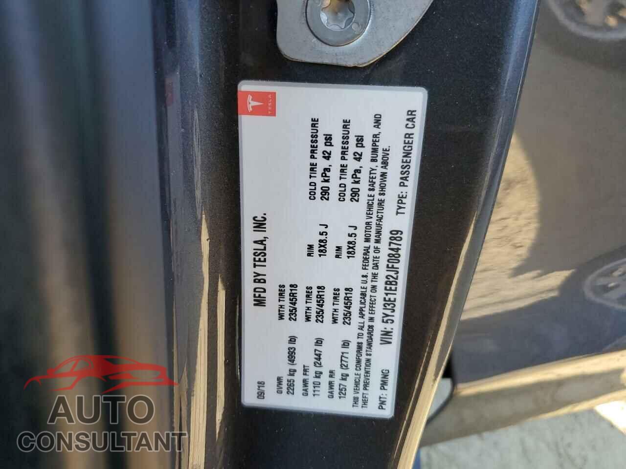 TESLA MODEL 3 2018 - 5YJ3E1EB2JF084789
