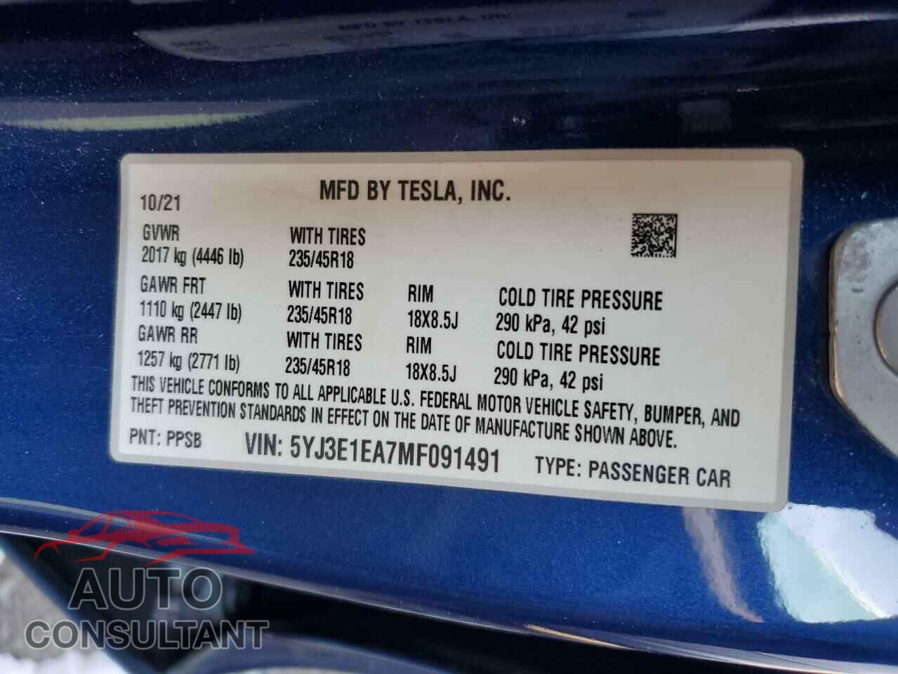 TESLA MODEL 3 2021 - 5YJ3E1EA7MF091491