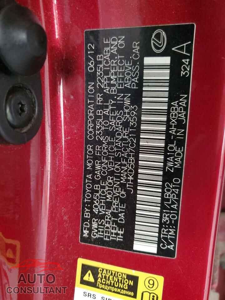LEXUS CT 200 2012 - JTHKD5BH7C2113593