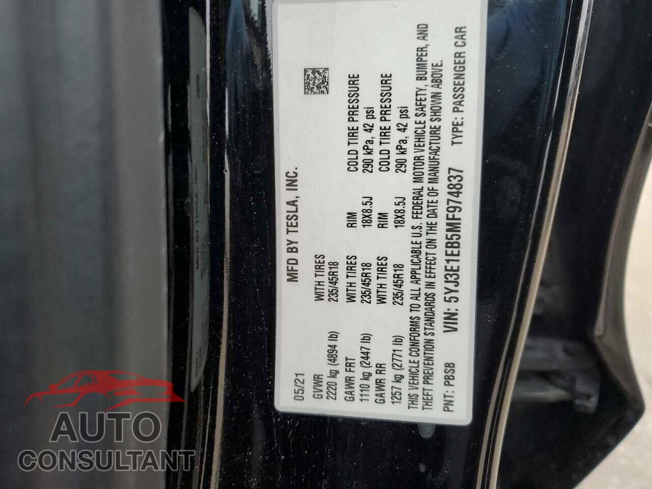 TESLA MODEL 3 2021 - 5YJ3E1EB5MF974837