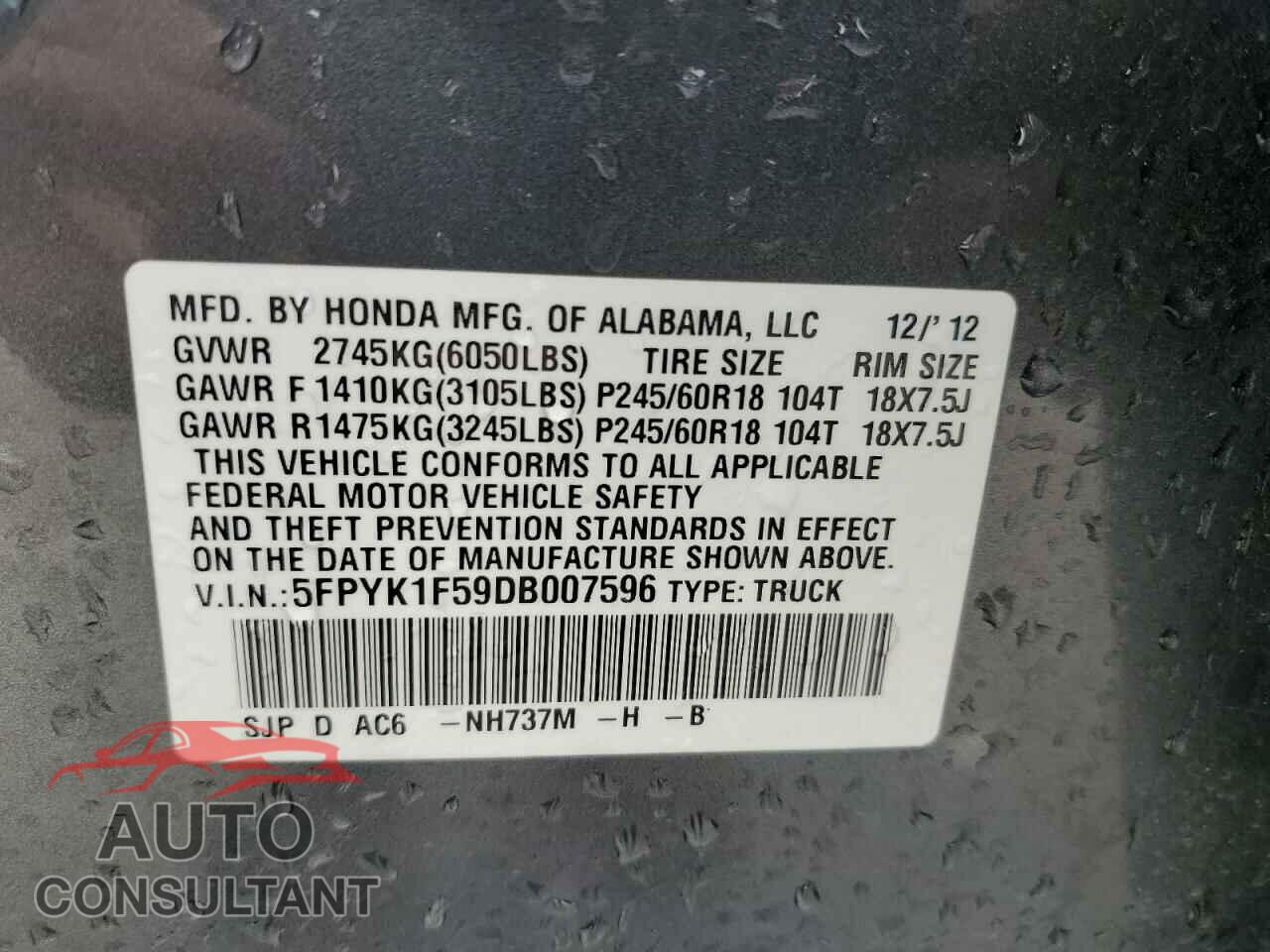 HONDA RIDGELINE 2013 - 5FPYK1F59DB007596