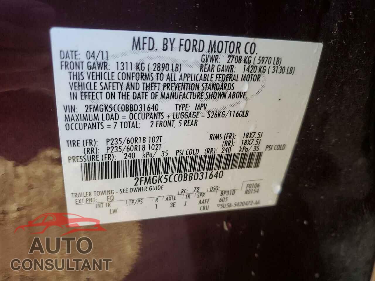 FORD FLEX 2011 - 2FMGK5CC0BBD31640