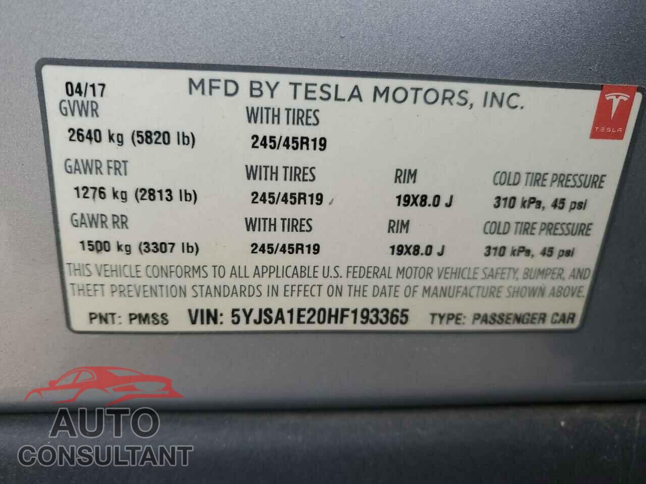TESLA MODEL S 2017 - 5YJSA1E20HF193365