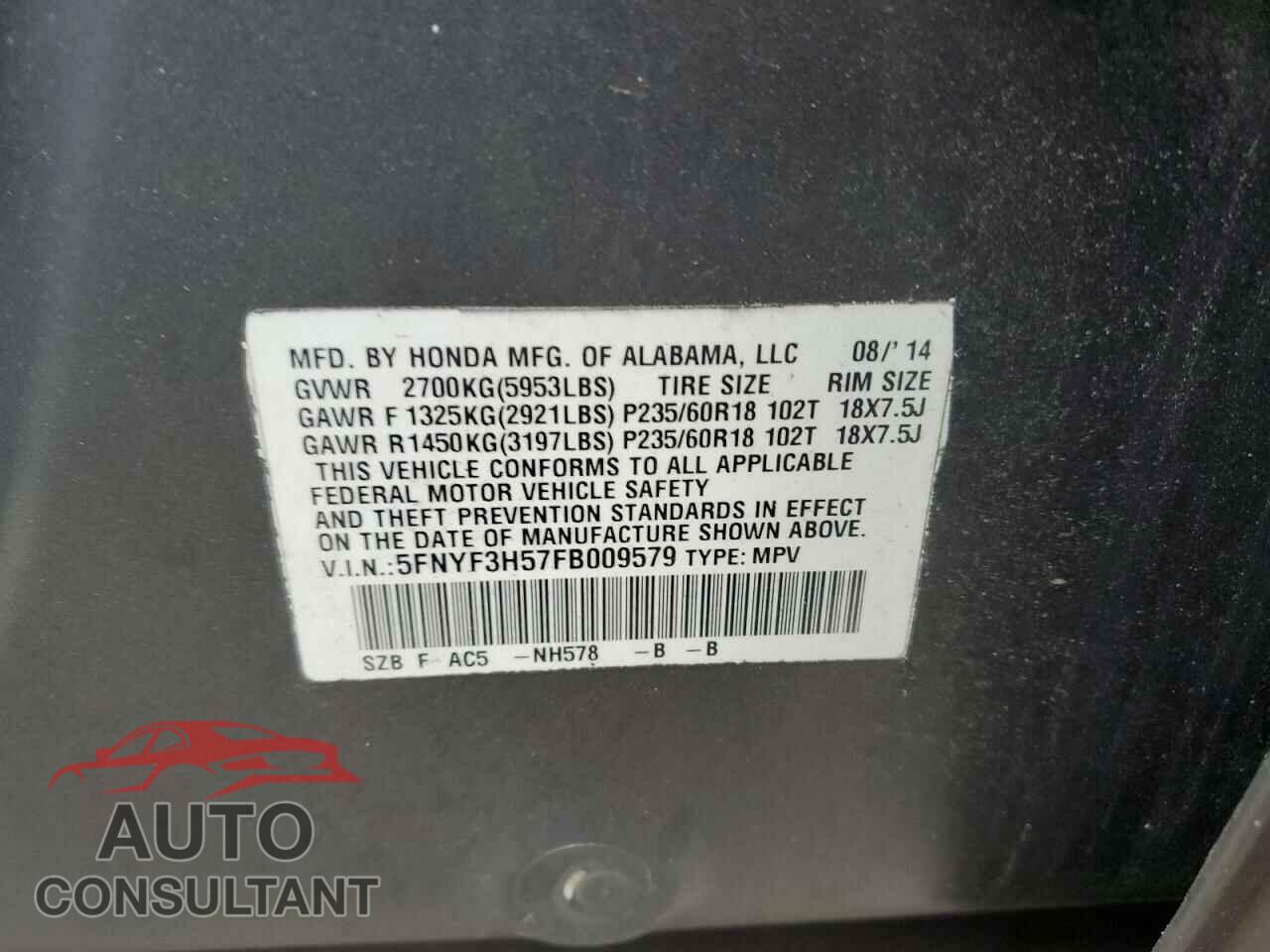 HONDA PILOT 2015 - 5FNYF3H57FB009579