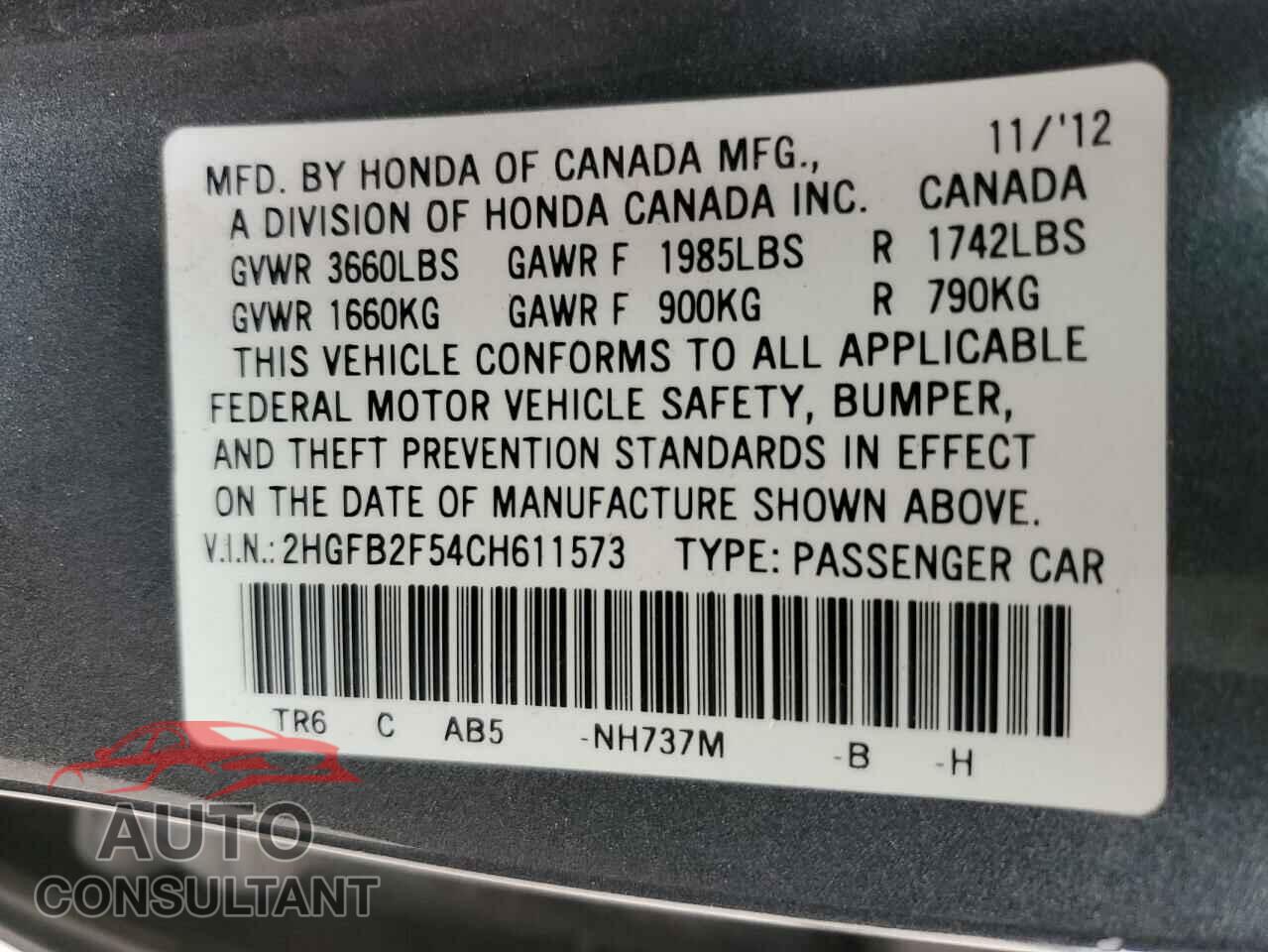 HONDA CIVIC 2012 - 2HGFB2F54CH611573