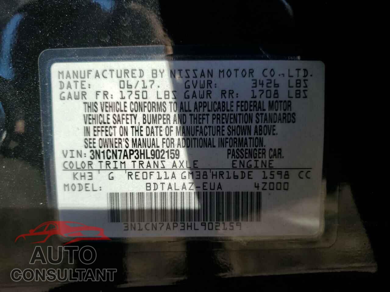 NISSAN VERSA 2017 - 3N1CN7AP3HL902159