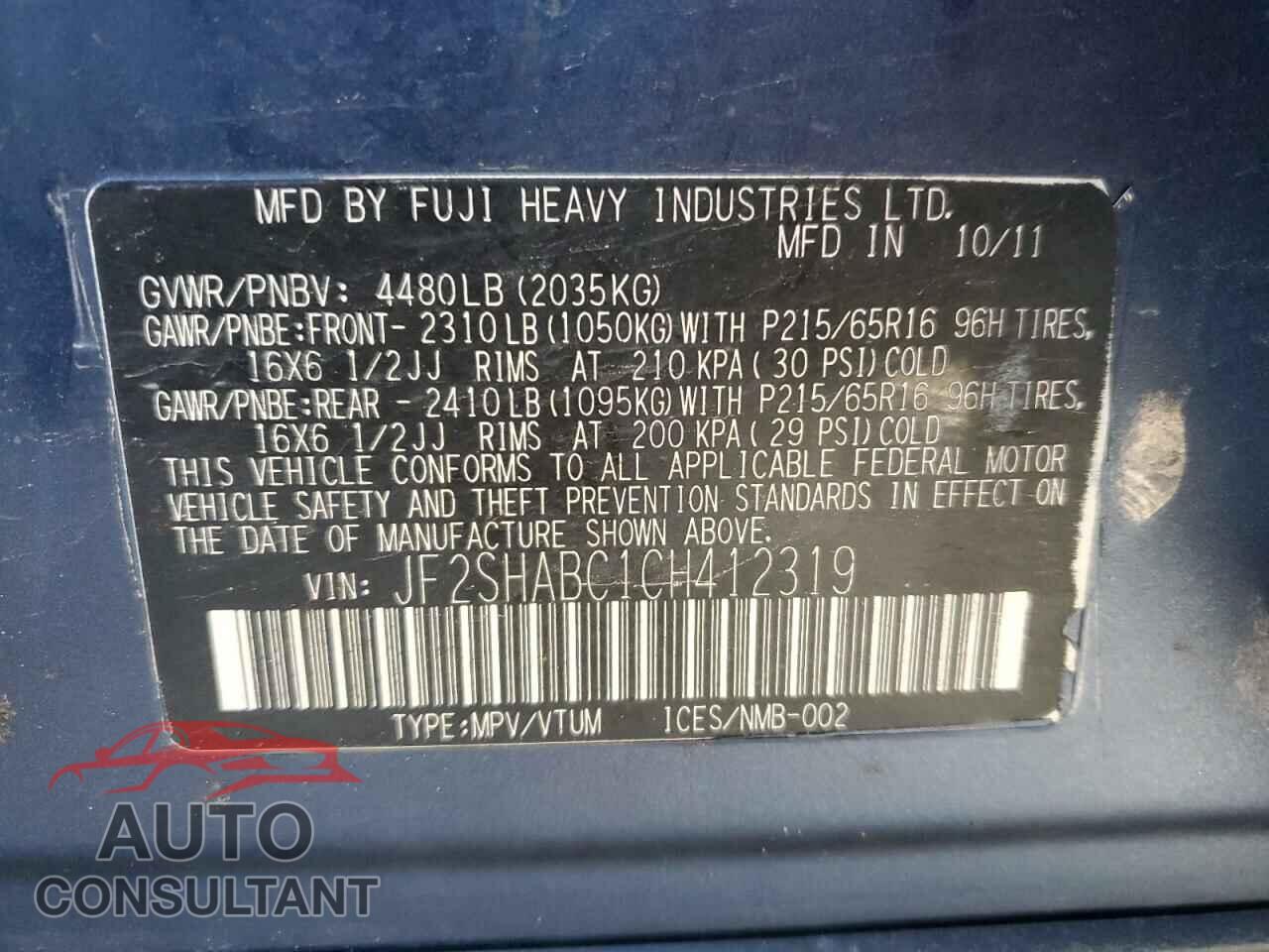SUBARU FORESTER 2012 - JF2SHABC1CH412319
