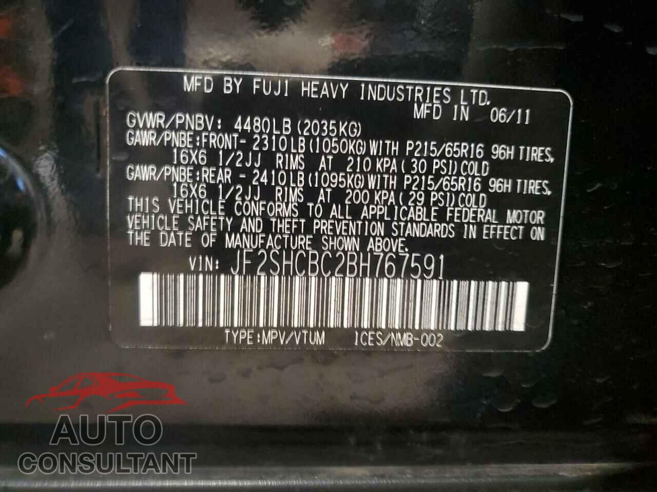 SUBARU FORESTER 2011 - JF2SHCBC2BH767591