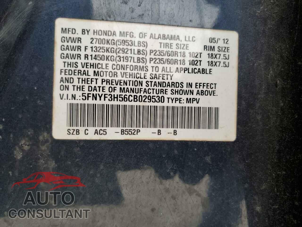 HONDA PILOT 2012 - 5FNYF3H56CB029530