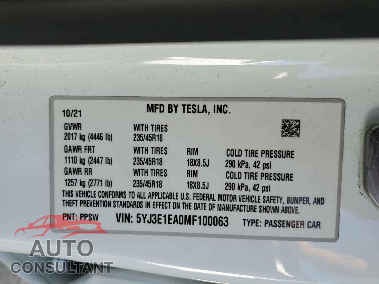 TESLA MODEL 3 2021 - 5YJ3E1EA0MF100063