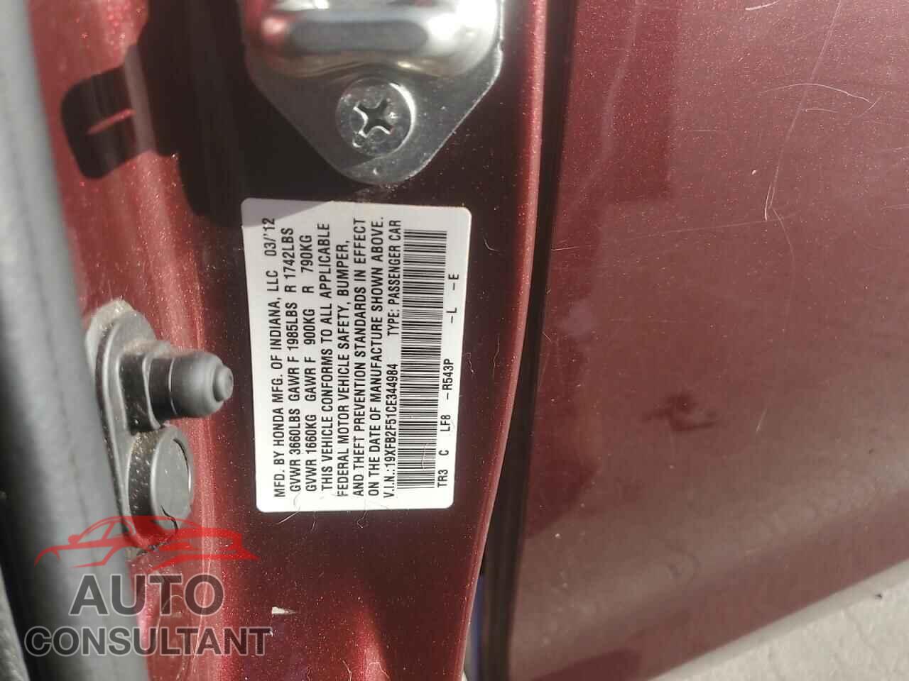 HONDA CIVIC 2012 - 19XFB2F51CE344984