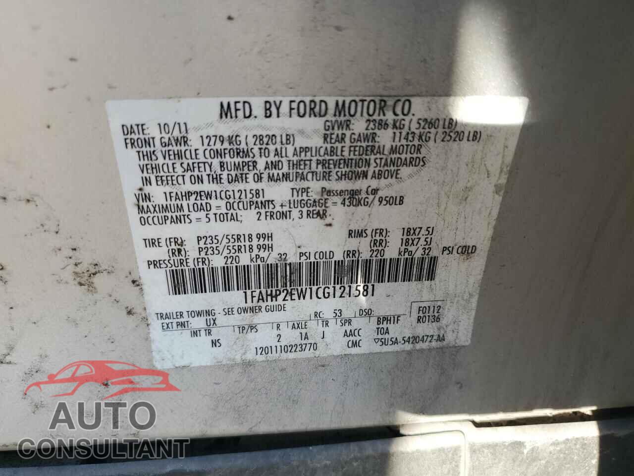 FORD TAURUS 2012 - 1FAHP2EW1CG121581
