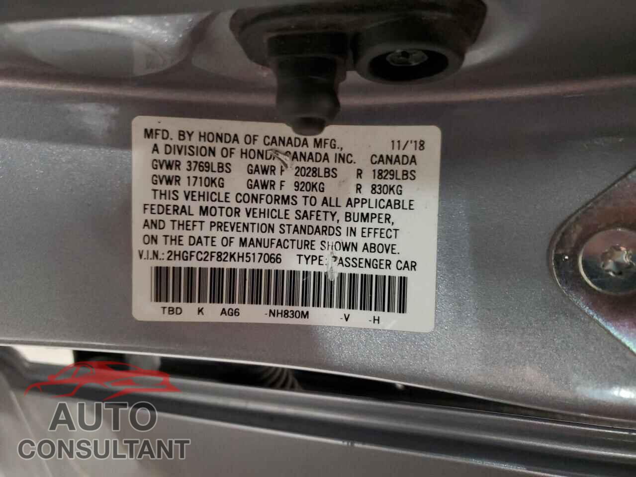 HONDA CIVIC 2019 - 2HGFC2F82KH517066