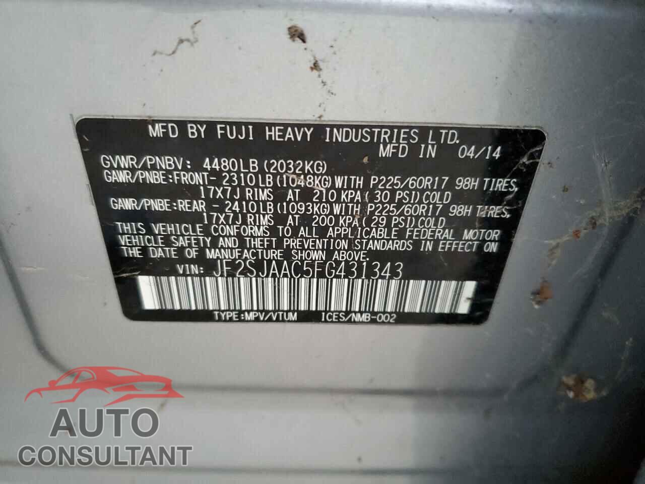 SUBARU FORESTER 2015 - JF2SJAAC5FG431343