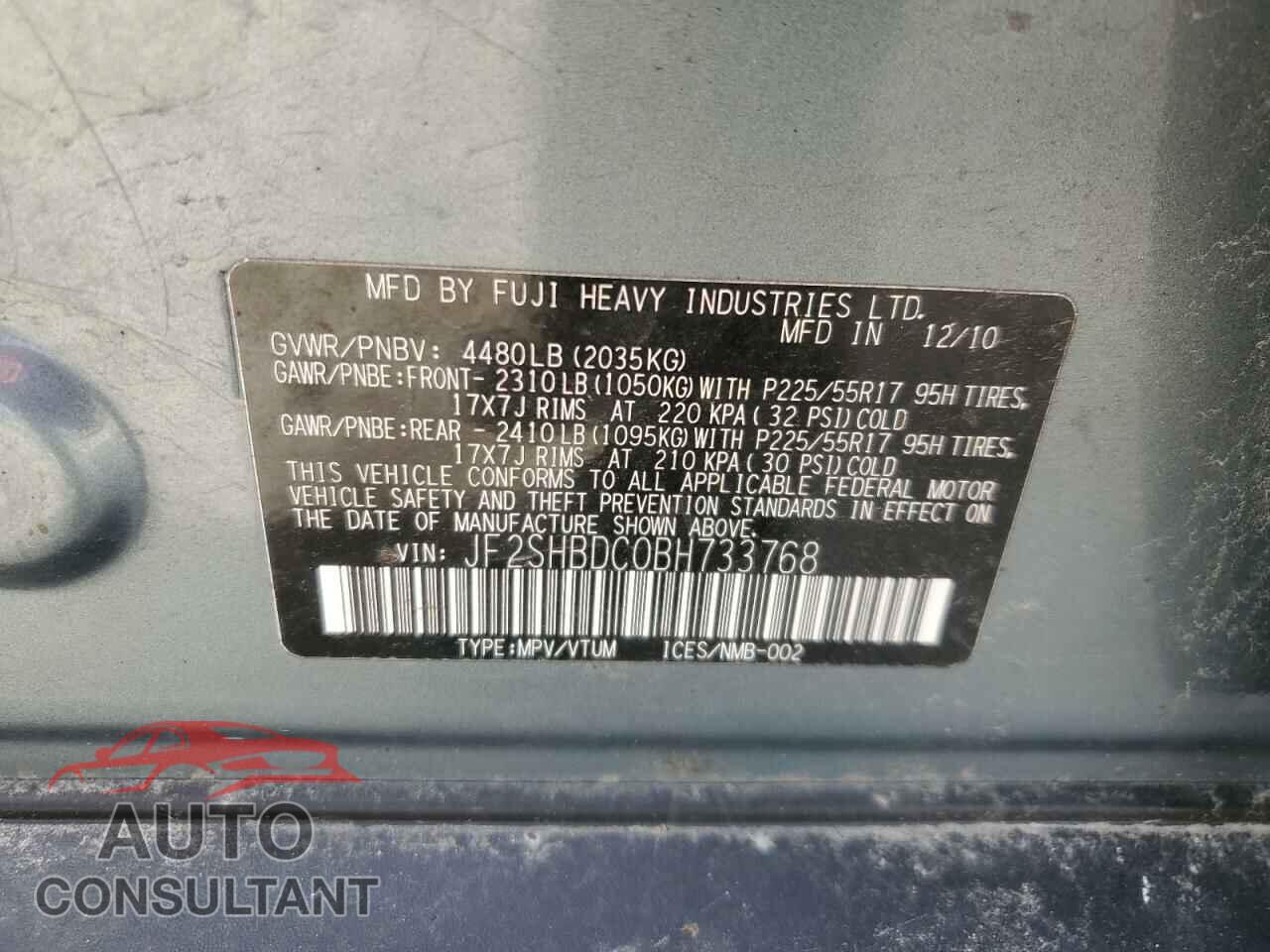 SUBARU FORESTER 2011 - JF2SHBDC0BH733768