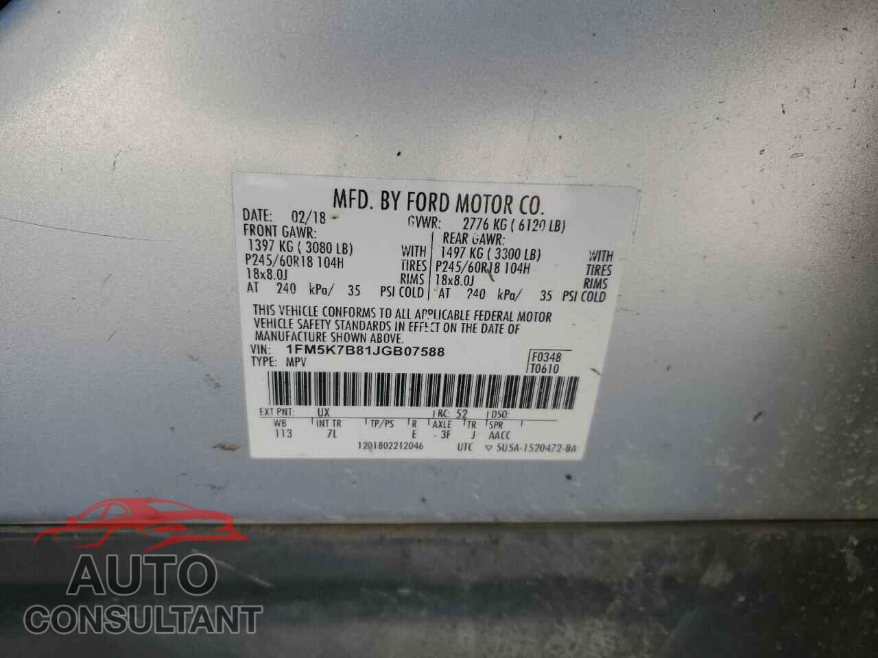 FORD EXPLORER 2018 - 1FM5K7B81JGB07588