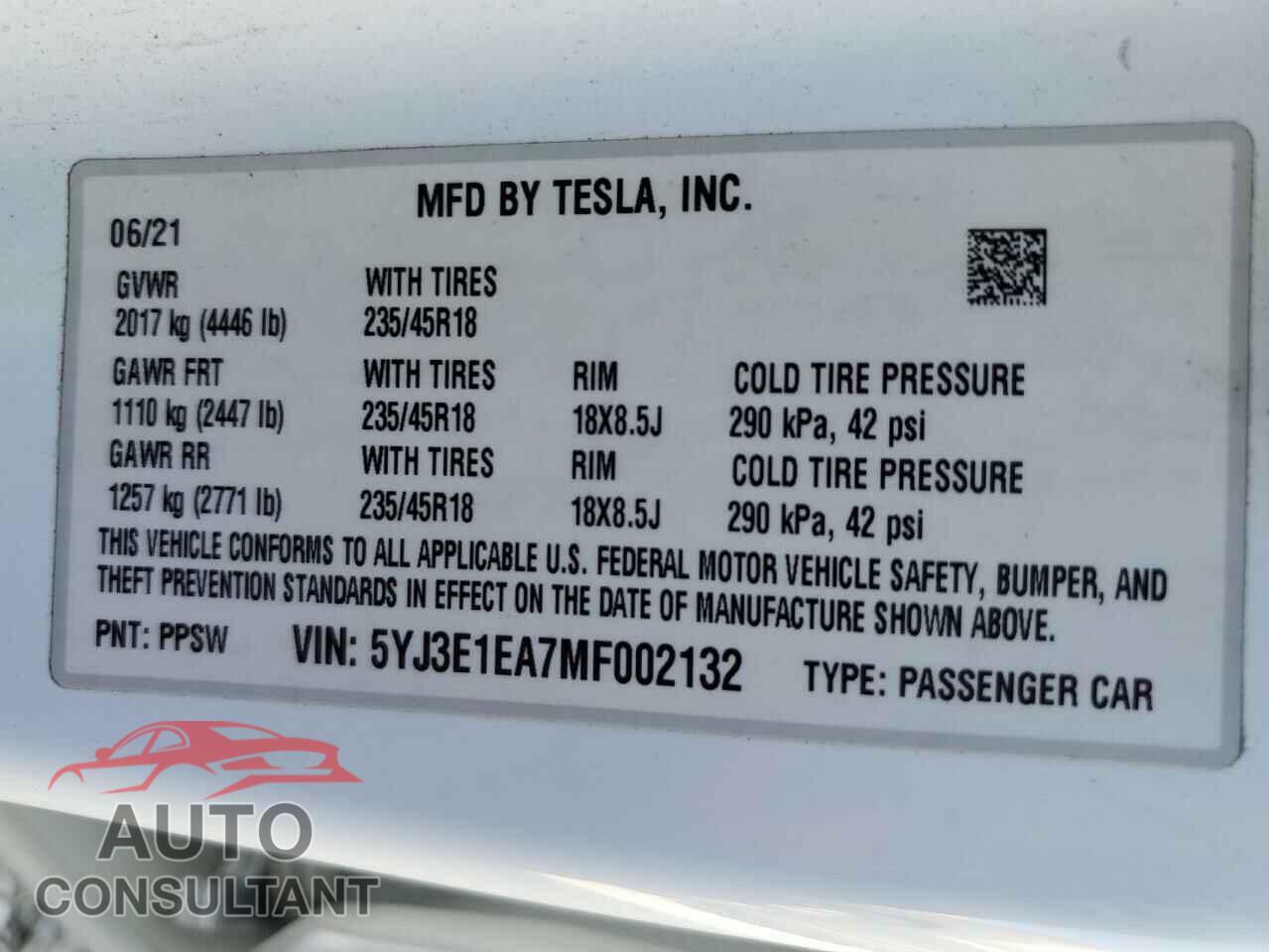 TESLA MODEL 3 2021 - 5YJ3E1EA7MF002132